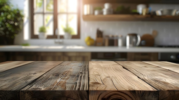 Drewniany stół na pierwszym planie z kuchnią na tle