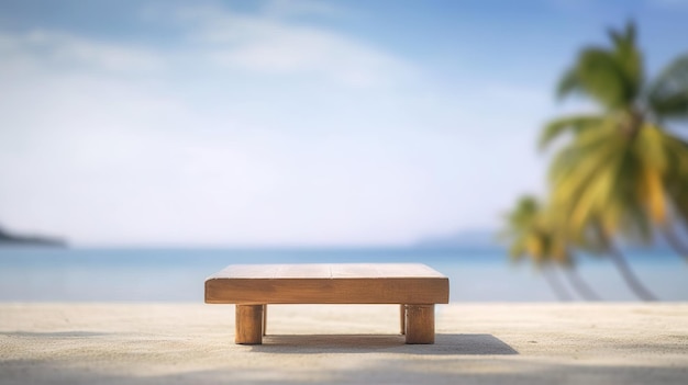 Drewniany stół na plaży z palmami w tle