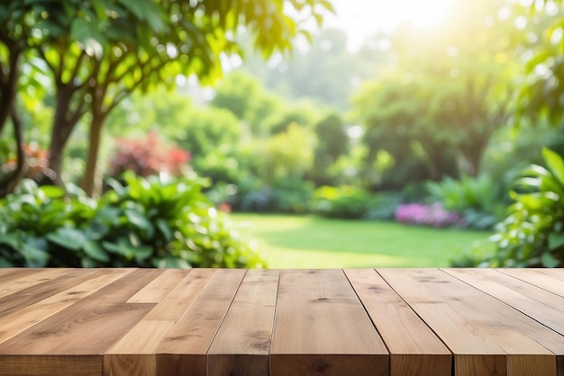 Drewniany stół na rozmytym abstrakcyjnym zielonym z ogrodu w porannym tle Dla montażu wyświetlania produktu lub klucza projektowania układu wizualnego