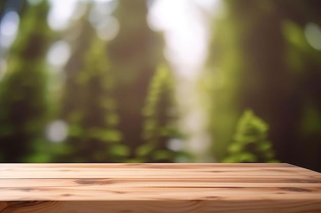 Drewniany stół na rozmytym tle leśnym dla wystawy produktów