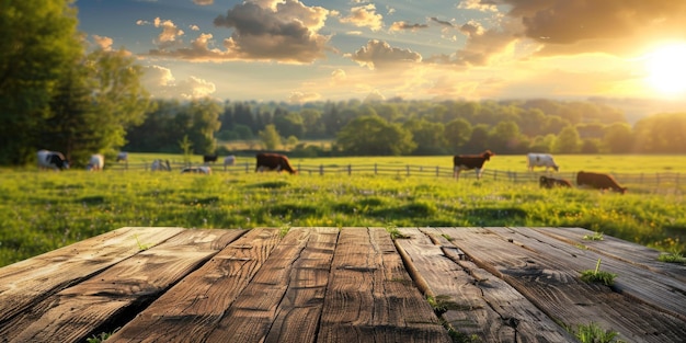 Zdjęcie drewniany stół na tle krów na pastwisku generatywny ai