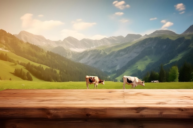 Drewniany stół na tle niewyraźnej alpejskiej zielonej łąki z krowami w słoneczny letni dzień Sieć neuronowa wygenerowana w maju 2023 r. Nie jest oparta na żadnej rzeczywistej scenie ani wzorzec osoby