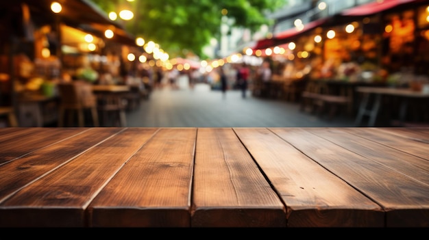 Drewniany stół na tle tętniącego życiem rynku ulicznego