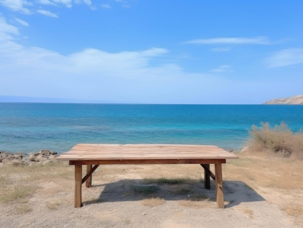 Drewniany stół na tle wyspy morskiej i błękitnego nieba Zdjęcie wysokiej jakości