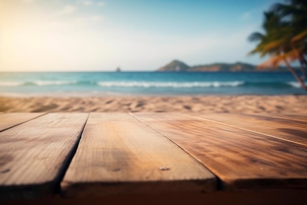 Drewniany stół na tropikalnej plaży stworzony za pomocą generatywnej sztucznej inteligencji