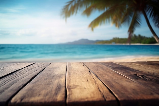 Drewniany stół na tropikalnej plaży stworzony za pomocą generatywnej sztucznej inteligencji