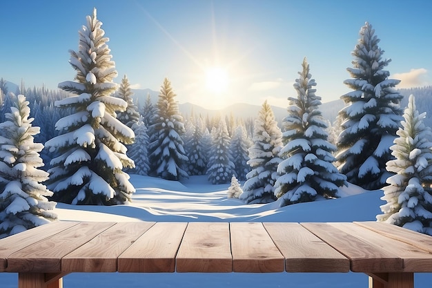 Drewniany stół na zimowym słonecznym krajobrazie z drzewami sosnowymi