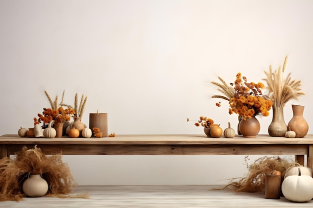 drewniany stół ozdobiony jesiennym wystrojem, przygotowujący scenę na świąteczne spotkania równonocy