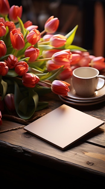 Zdjęcie drewniany stół ozdobiony tulipanami i podręczną mobilną tapetą pionowa notatnik