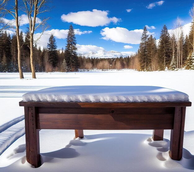 drewniany stół piękny zimowy krajobraz z drzewami pokrytymi śniegiem