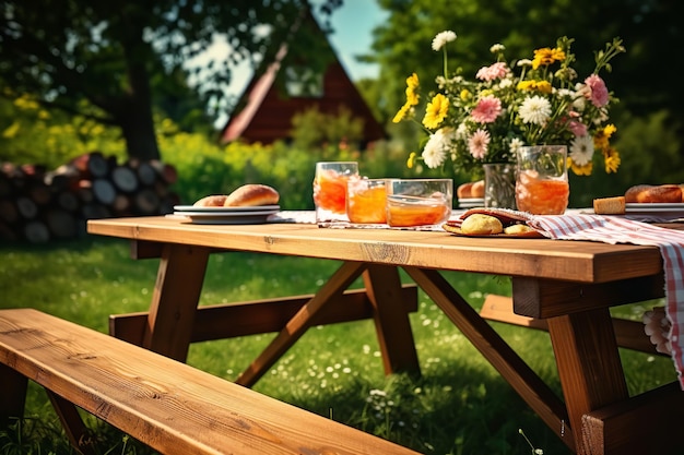 Drewniany stół piknikowy na letnią ucztę przy grillu