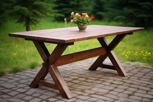 Zdjęcie drewniany stół piknikowy z krzyżowanymi nogami prosty meble zewnętrzne wiejski drewniany stolik ogrodowy lub