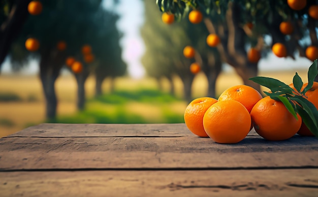 Drewniany stół pomarańczowy ogród i niewyraźne tło Generative AI