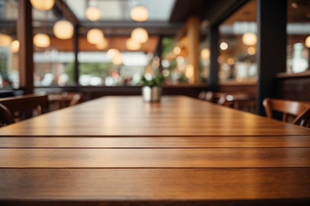 drewniany stół przed abstrakcyjnym, niewyraźnym tłem restauracji