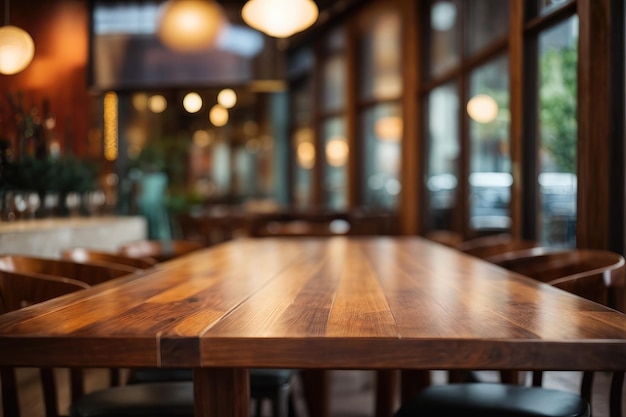drewniany stół przed abstrakcyjnym, niewyraźnym tłem restauracji