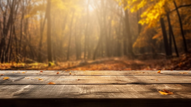 Drewniany stół przed zamazanym jesiennym lasem Obraz generatywny AI