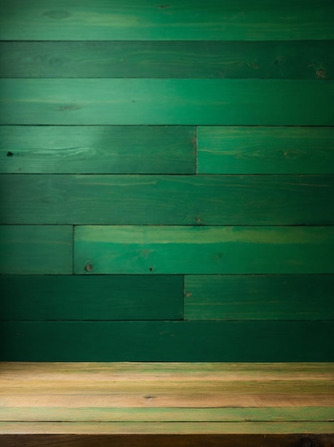 Drewniany stół przed zieloną drewnianą ścianą Gotowy do montażu wystawy produktu Zdjęcie wysokiej jakości