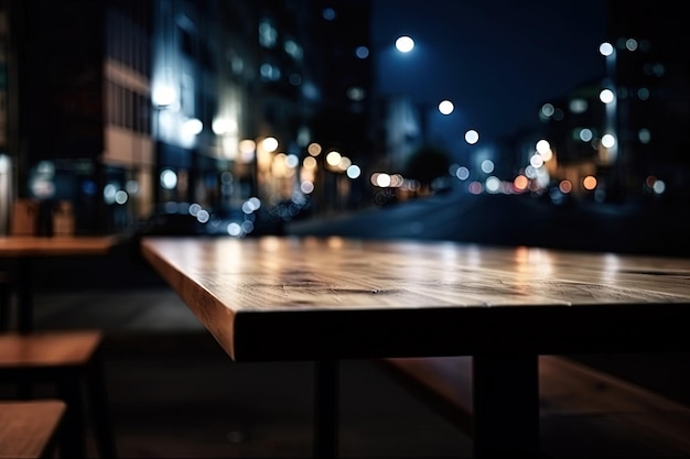 Drewniany stół ustawiony na środku opustoszałej ulicy stworzony przy użyciu technologii Generative AI