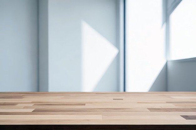 Drewniany stół w białym pustym pokoju