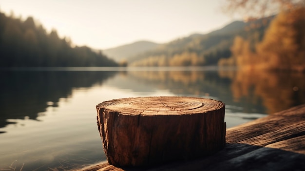 Drewniany Stół W jeziorze na górze Z Bokeh światłami