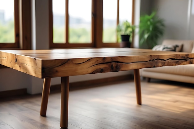 Zdjęcie drewniany stół w pobliżu rozmytego okna w salonie