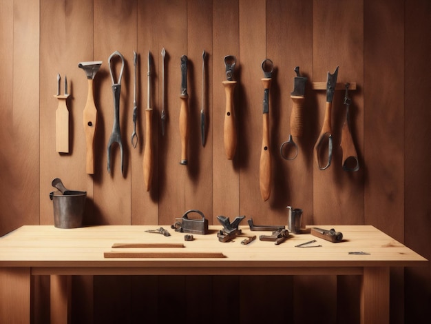 Drewniany stół warsztatowy z różnymi narzędziami wiszącymi na ścianie.