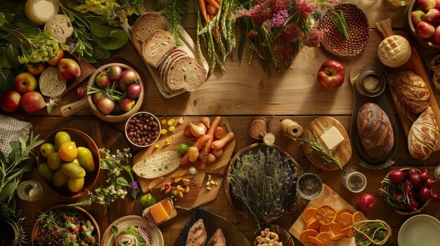 Zdjęcie drewniany stół wypełniony różnorodnymi świeżymi składnikami, które szefowie kuchni tworzą wspólnie