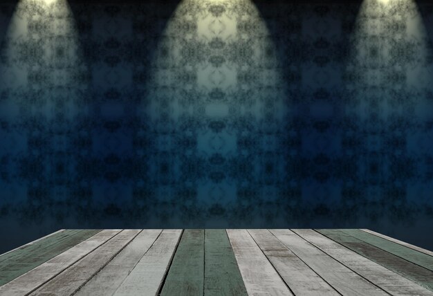 Zdjęcie drewniany stół z abstrakcyjnym tłem w ciemnym pokoju oświetlony przez 3 plamy