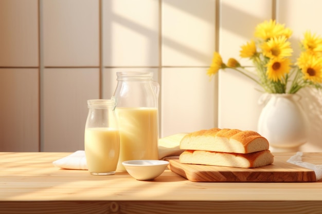 Drewniany stół z chlebem, mlekiem sojowym, torbami sojowym w stylu jasnego tła kuchennego, sztuczna inteligencja generatywna