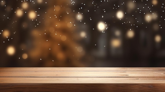 Drewniany stół z choinką w tle zimowej nocy Lokowanie produktu na sezon świąteczny