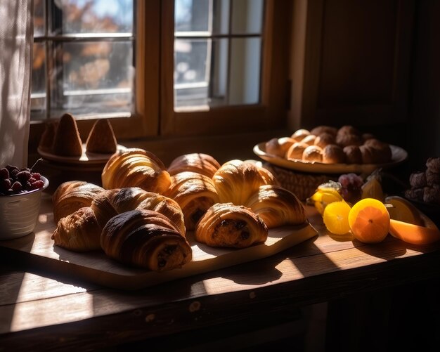 Drewniany stół z croissantami i owocami