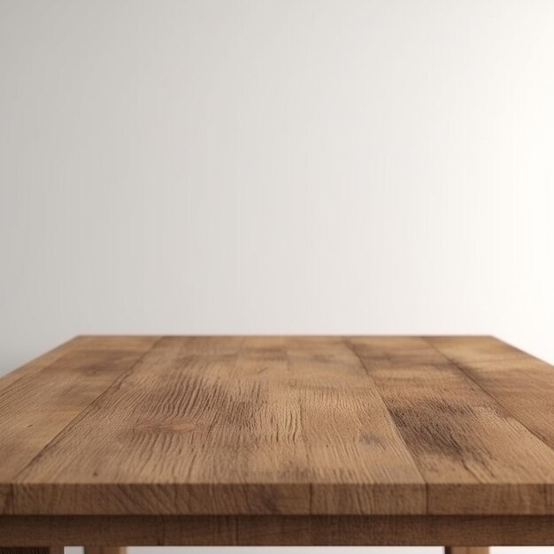 drewniany stół z drewnianym blatem i białą ścianą za nim