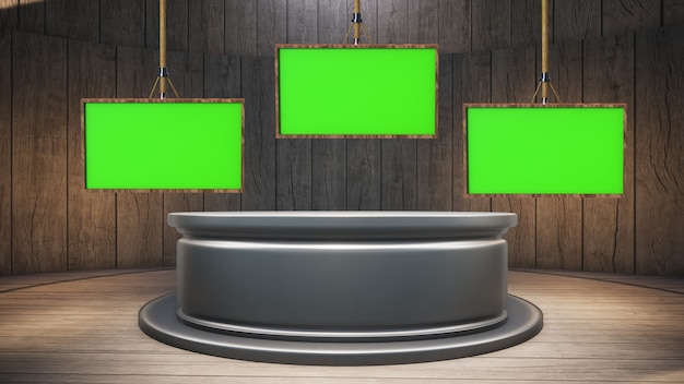 Drewniany stół z drewnianym tłem i zielonym ekranem w studio wiadomości 3D ilustracji