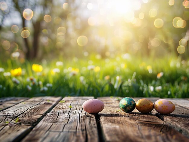 Drewniany stół z jajami wielkanocnymi i niewyraźnym wiosennym tłem łąki