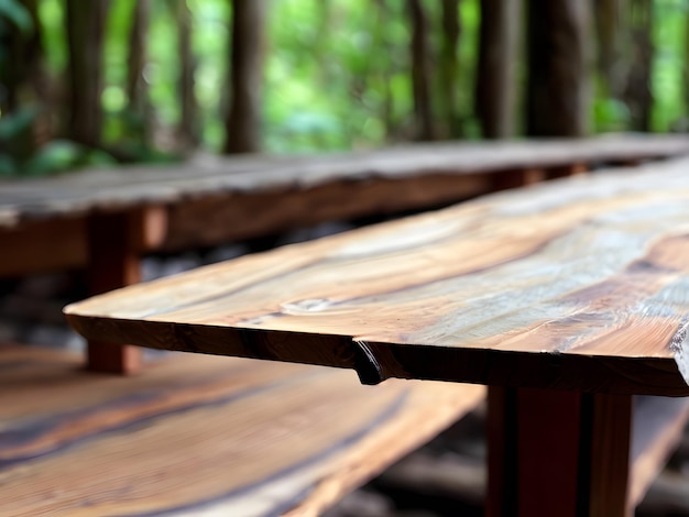 Drewniany stół z ławką w lesie.