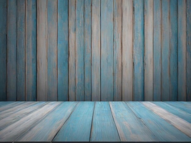 Drewniany stół z niebieskim tłem ściennym z wiązką światła Model prezentacji produktu