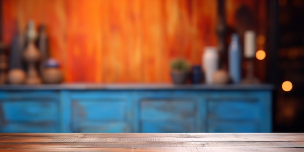 Drewniany stół z niewyraźnym tłem Generative Ai