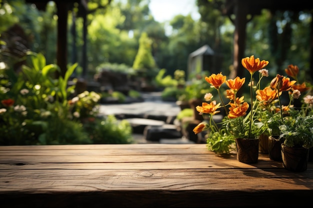 Zdjęcie drewniany stół z ogrodem w tle