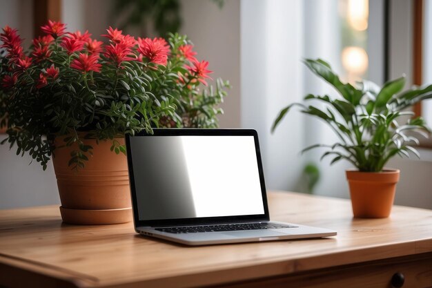 Zdjęcie drewniany stół z pustym białym ekranem laptopa uzupełniony żywą rośliną w doniczce