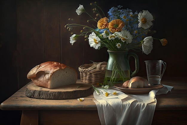 Drewniany stół z serwetkowym wazonem z kwiatami i rustykalnym chlebem w tle