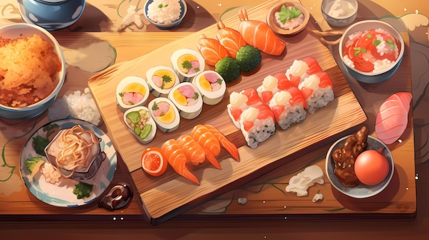 Drewniany stół z sushi i sushi na nim.