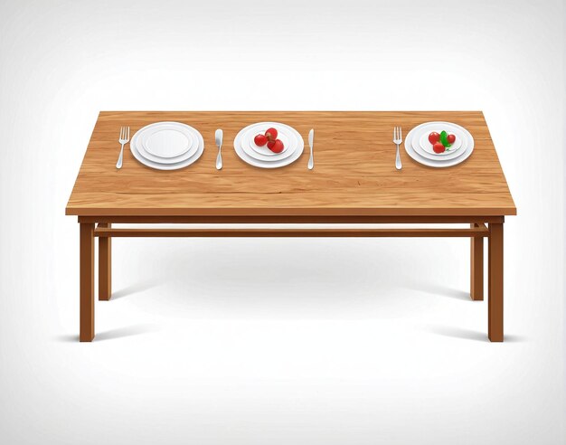 drewniany stół z talerzami i kubkami