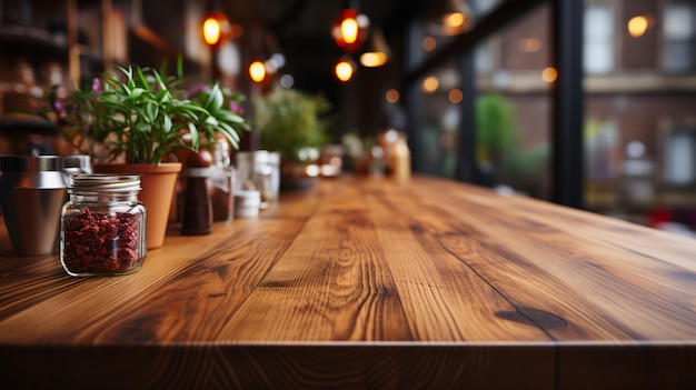 drewniany stół z tłem kuchni