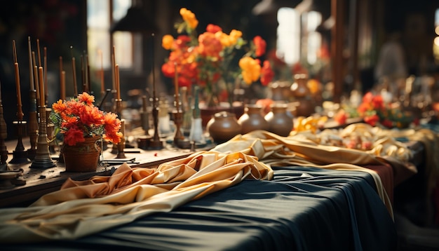 Zdjęcie drewniany stół z wazonem z kwiatami, świecą i dekoracją obrusu wygenerowaną przez sztuczną inteligencję