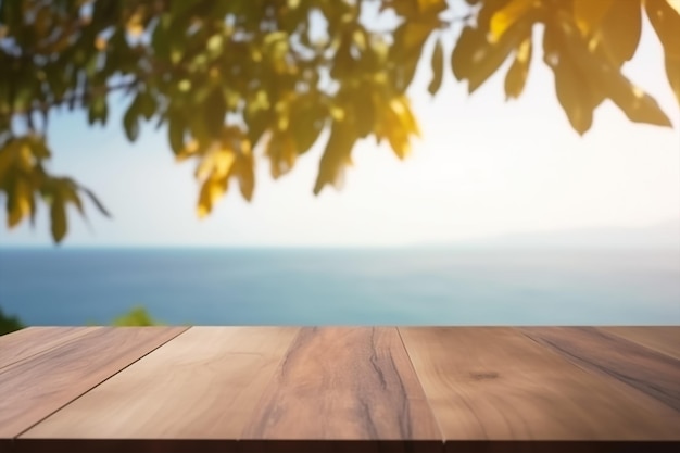 Drewniany stół z widokiem na morze w tle