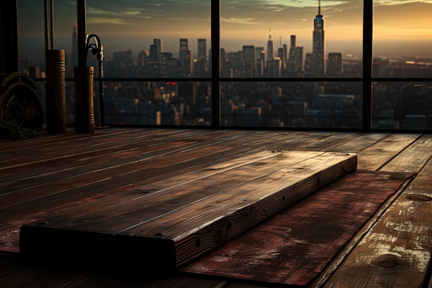 drewniany stół z widokiem na panoramę miasta w tle.