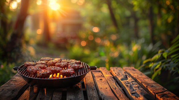 Zdjęcie drewniany stół z wolną przestrzenią i grillem w ogrodzie