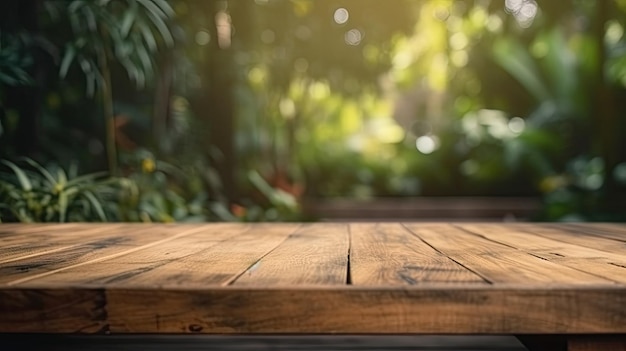 Drewniany stół z zielonym tłem