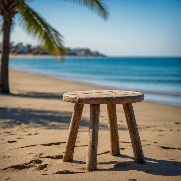 Zdjęcie drewniany stołek siedzi na plaży z palmą na tle