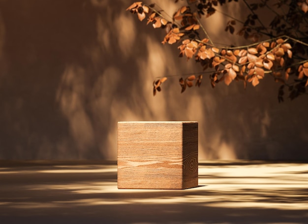 Drewniany stolik w kształcie sześcianu na ziemi z jesiennymi liśćmi w świetle dziennym